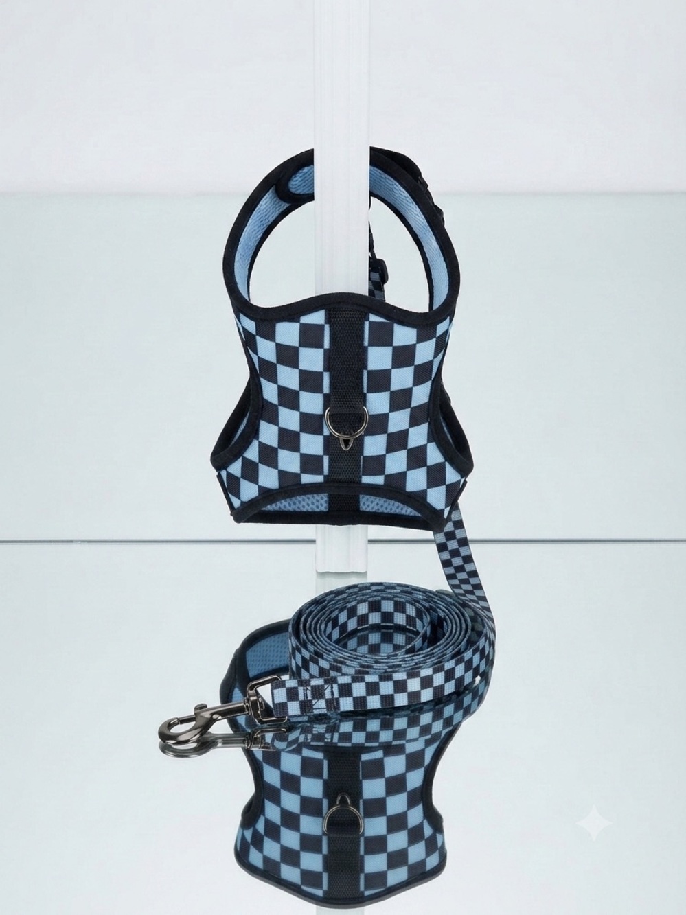Checkerboard Dog/Cat Harness - Blue & White with matching Leash
